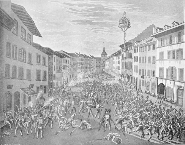 Schwarze und weiße Zeichnung einer Menschenmenge in einer Stadtstraße mit Gebäuden auf beiden Seiten und einem Himmel im Hintergrund, betitelt "Die Schlacht von Stuttgart" unten.