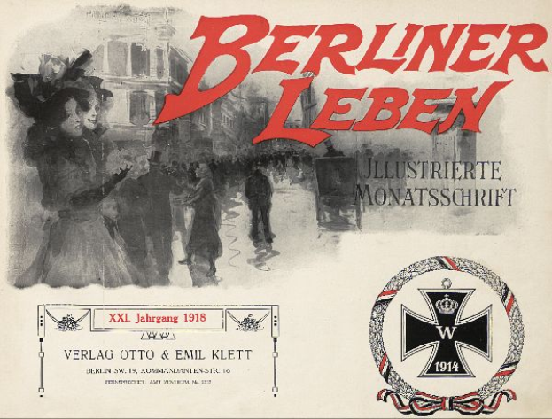 Ein altes Buchcover mit einer Gruppe von Menschen in festlicher Stimmung, Text "Berliner Leben" und Logo im Zusammenhang mit der deutschen Armee.