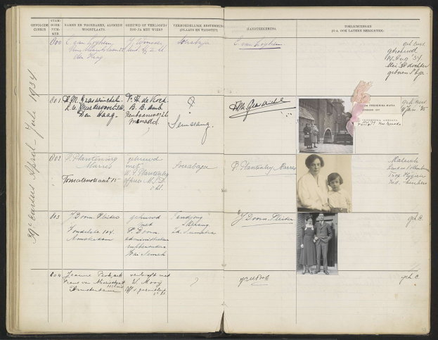 Schwarzes und weißes Foto einer Familie auf einem offenen Buch, das mit Text und Bildern von Menschen gefüllt ist.