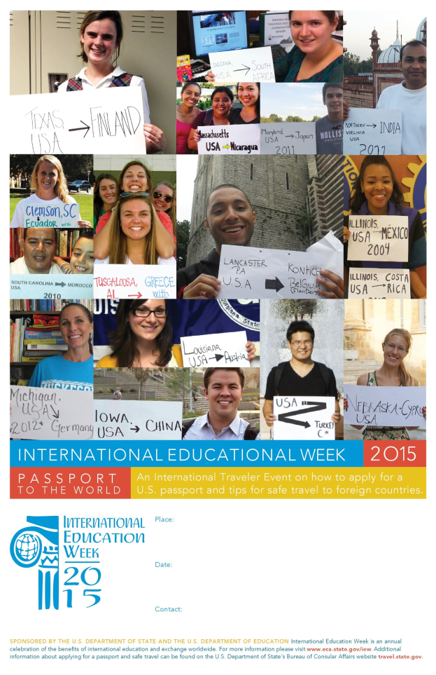 Plakat für die Internationale Bildungswoche 2015, das eine Gruppe von Menschen zeigt, die strahlen und Schilder halten.