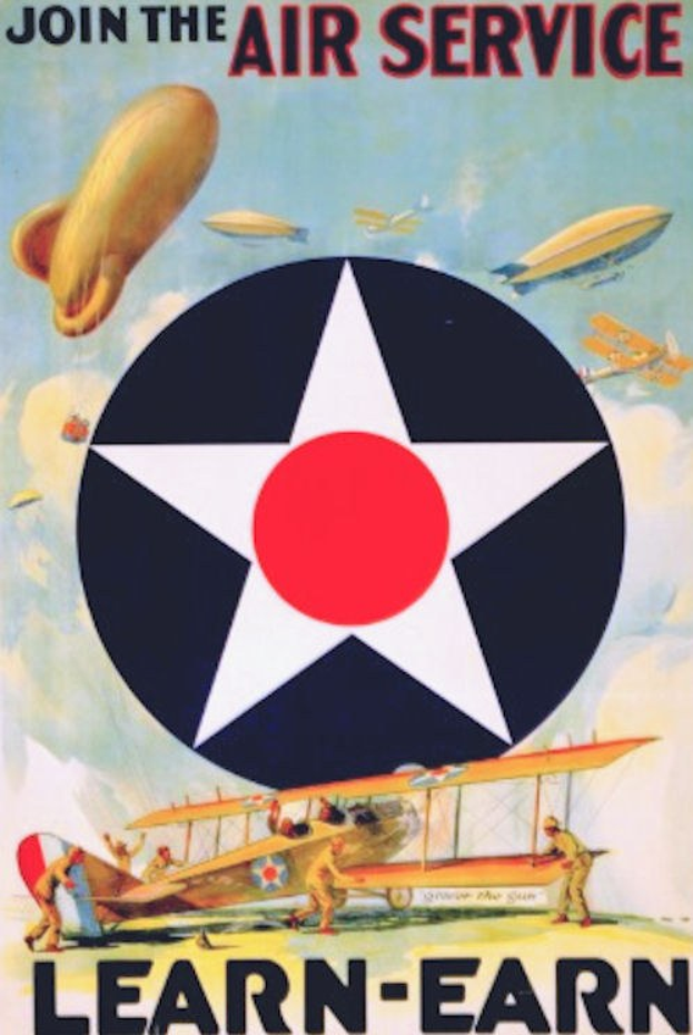 Plakat mit der Aufschrift "Beitreten Sie den Luftdienst - Lernen-Verdienen" über Bilder von Flugzeugen und Menschen.