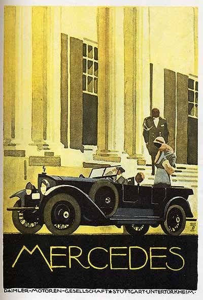 Vintage-Plakat aus den 1920er-Jahren mit einem Mercedes-Benz-Auto mit zwei Insassen, das vor einem modernen Glasgeb├Ąude geparkt ist, mit 'Mercedes-Benz' Text unten.