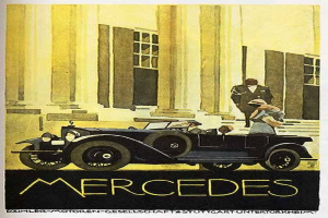 Vintage-Plakat aus den 1920er-Jahren mit einem Mercedes-Benz-Auto mit zwei Insassen, das vor einem modernen Glasgeb├Ąude geparkt ist, mit 'Mercedes-Benz' Text unten.