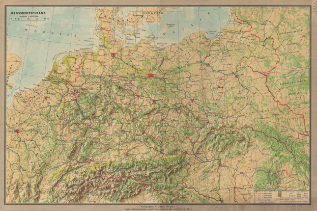 Alte Deutschlandkarte, die Straße, Autobahnen und geografische Merkmale zeigt, mit Text oben und unten.