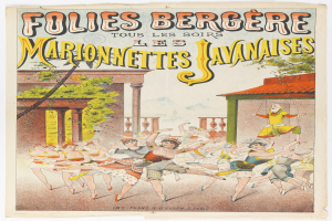 Ein Plakat für eine Tanzshow in Paris, das eine Gruppe von Menschen im Vordergrund zeigt, die tanzen, sowie ein Gebäude, Bäume und einen Himmel im Hintergrund und Text auf dem Plakat.