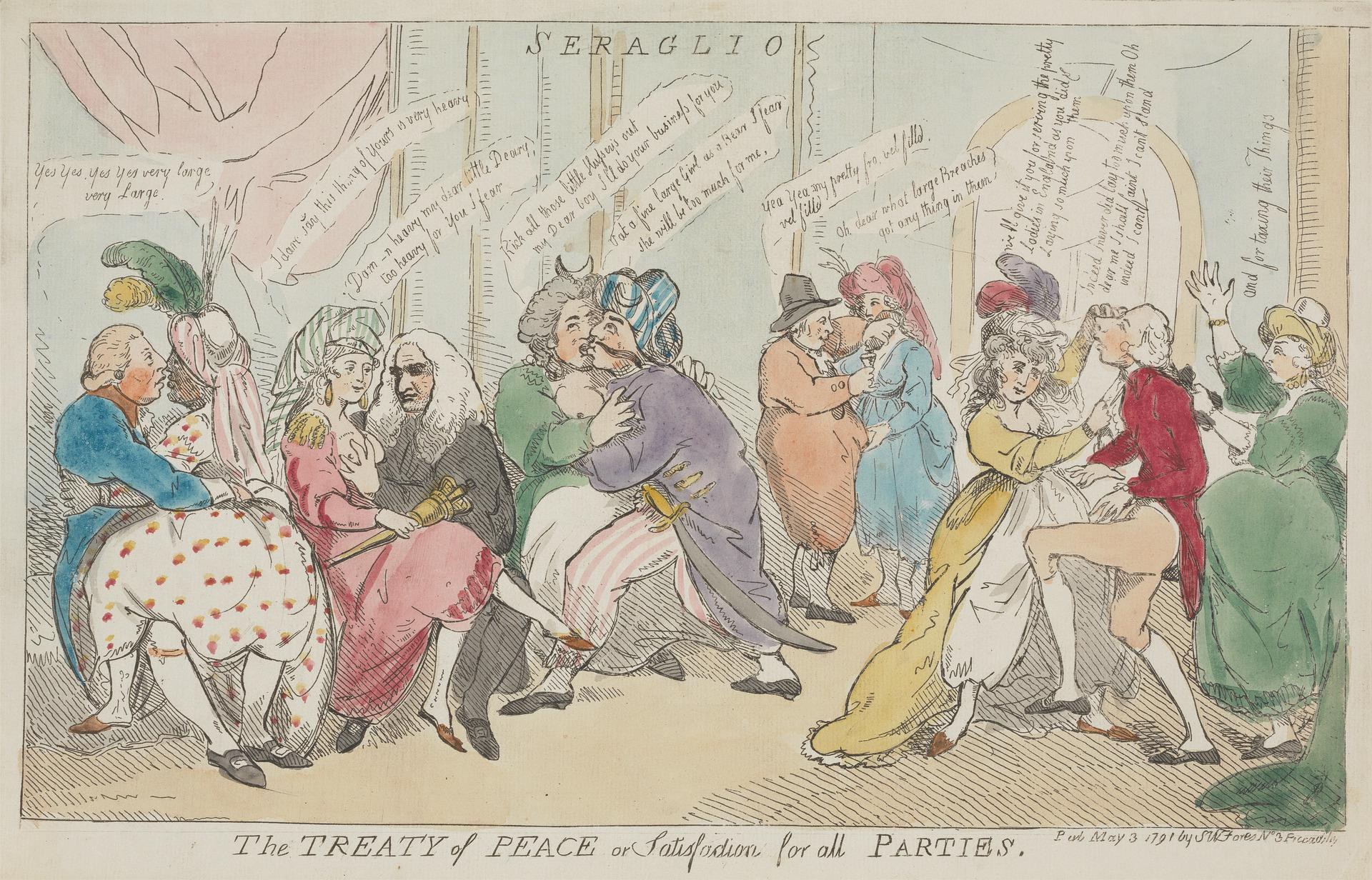 Eine Zeichnung von Menschen, die sitzen und stehen, mit der Beschriftung "Der Friedensvertrag für alle Parteien".