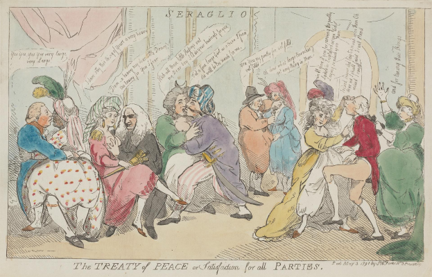 Eine Zeichnung von Menschen, die sitzen und stehen, mit der Beschriftung "Der Friedensvertrag für alle Parteien".