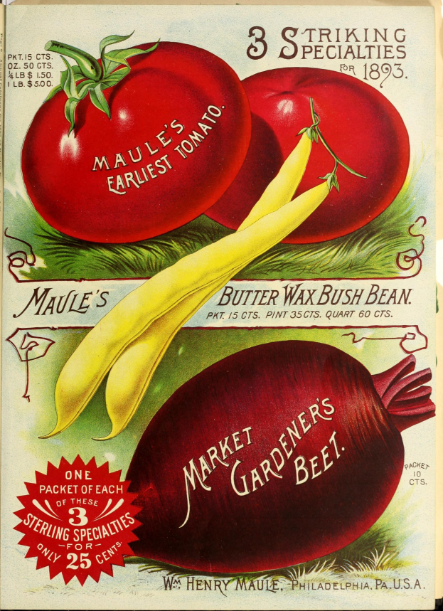 Ein Vintage-Plakat mit leuchtend bunten Gemüsen wie Tomaten und Rüben in einem Muster angeordnet, mit der Überschrift "Marktgärtner's Beet" in fetter Schrift darüber.