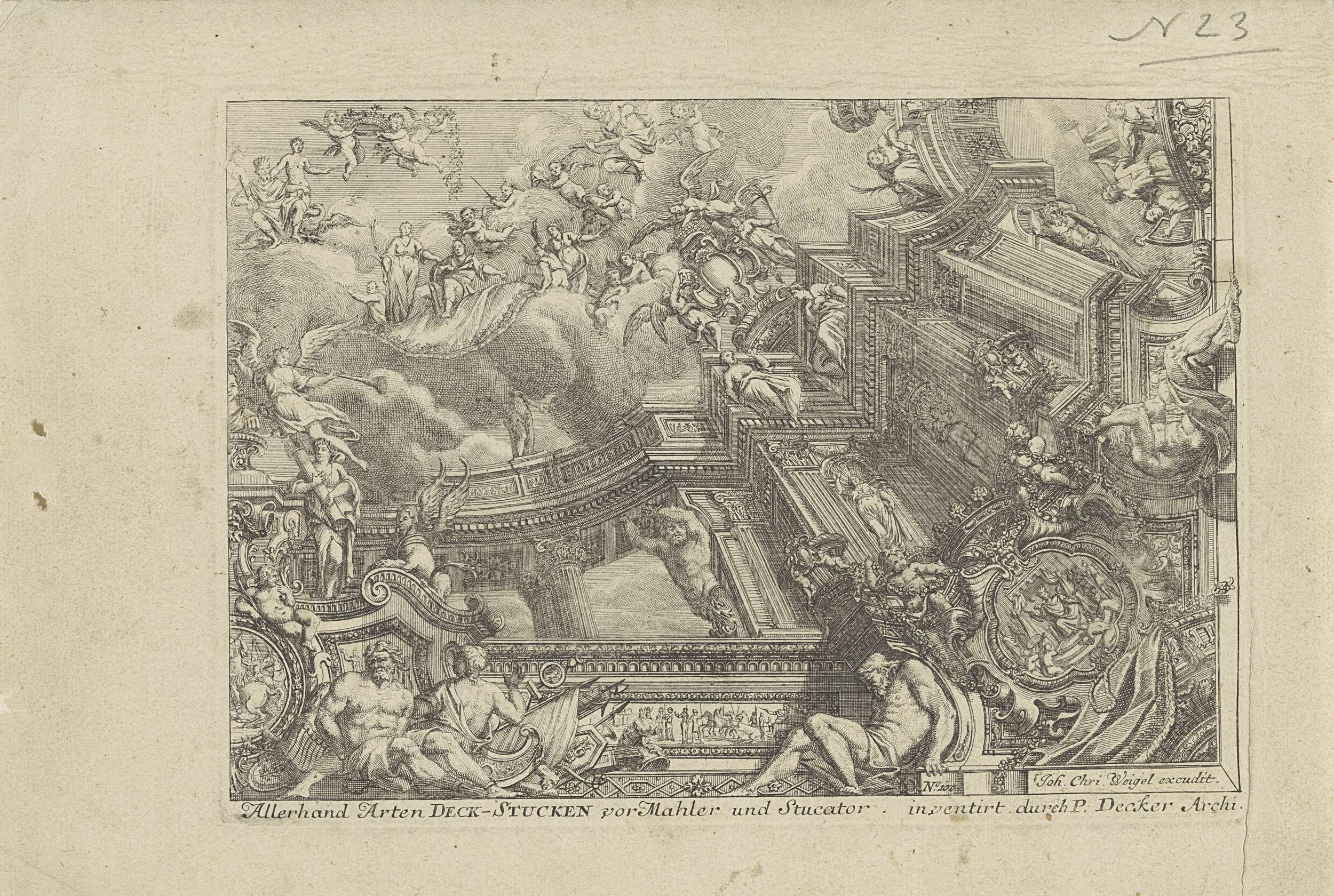 Eine Zeichnung auf Papier, die einen Raum mit einer Decke zeigt, die mit Skulpturen und Text verziert ist.