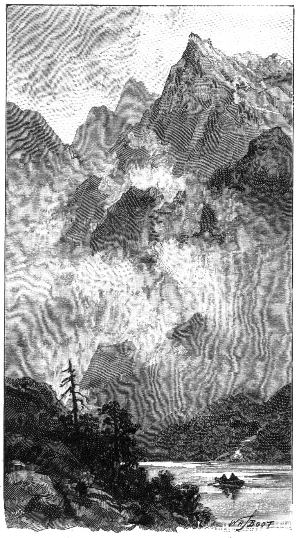 Schwarze und weiße Gravur eines Gebirgszuges mit einem See im Vordergrund, umgeben von Bäumen und Hügeln unter einem bewölkten Himmel, betitelt "Alpine Lake" unten.