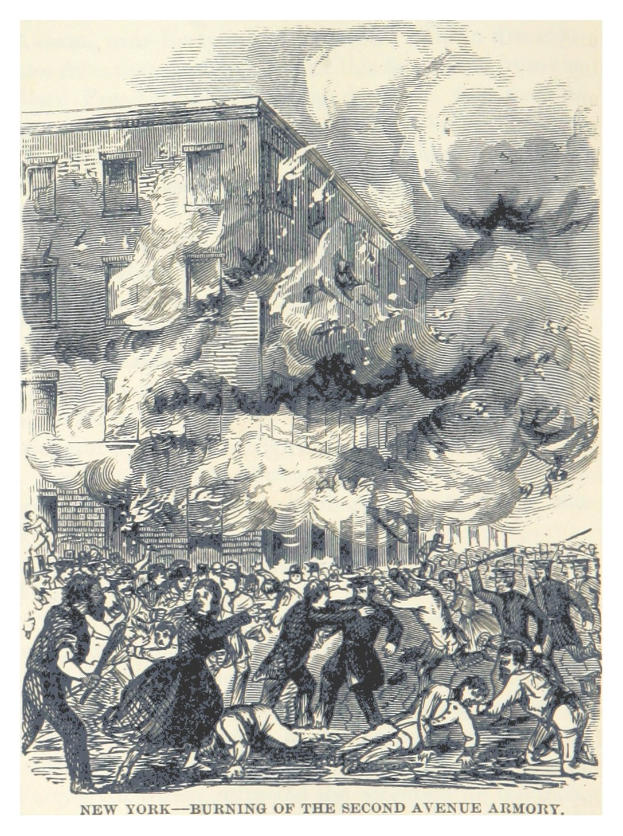 Plakat zeigt das brennende Second Avenue Armory in New York City mit einer Menge davor und Text unten mit der Aufschrift "New York - Brand des Second Avenue Armory."