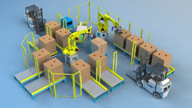 Gruppe automatisierter Roboter, die auf einem Förderband in einem Lager arbeiten, mit Kartons auf den Förderbändern und Fahrzeugen auf dem Boden.