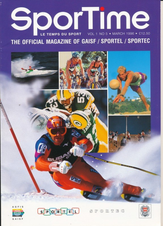 Farbmagazinumschlag betitelt "Sporttime Magazine - März 1996" mit Bildern von Skifahren und Snowboarden, Text und Logos.