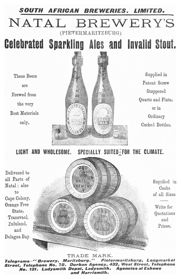 Anzeige für Natal Brauerei's prickelnden Ale und Invalidenstout, zeigt ein Plakat mit Text und Bildern von Flaschen und Fässern.