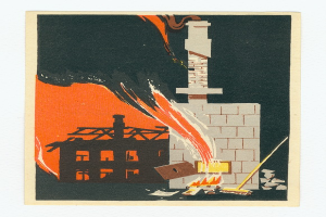 Ein Plakat, das ein baufälliges Gebäude zeigt, das von hellorangeen und gelben Flammen umgeben ist, mit Rauch, der nach oben steigt und Trümmern, die um das Gebiet herum verstreut sind, vor einem weißen Hintergrund.
