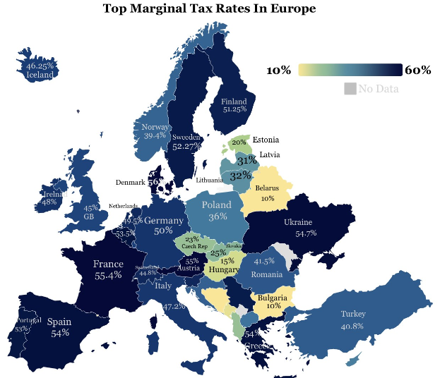 Eine Europakarte mit Farben, die die Spitzensteuersätze je Land anzeigen und die Überschrift "Spitzensteuersätze in Europa" oben.
