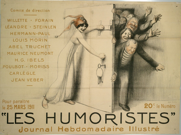 Ein Plakat an einer Gebäudewand mit einer Gruppe lachender Menschen und der fetten Schrift 'Les Humoristes Journal Hebdomadaire Illustré' oben drauf.