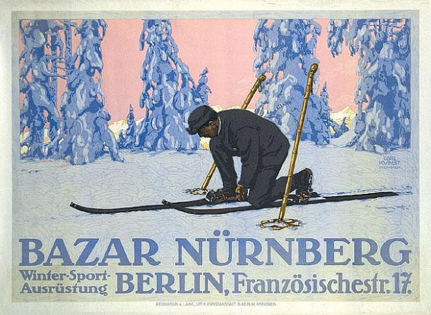 Eine Person auf Skiern mit Skistöcken vor einem Wald, die das Bazar Nürnberg Winter Sport Event in Berlin, Deutschland, bewirbt, mit beschreibendem Text.