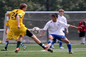 Spieler in gelben und weißen T-Shirts spielen Fußball auf einem Rasenplatz mit Netz, Pfosten und Bäumen im Hintergrund.