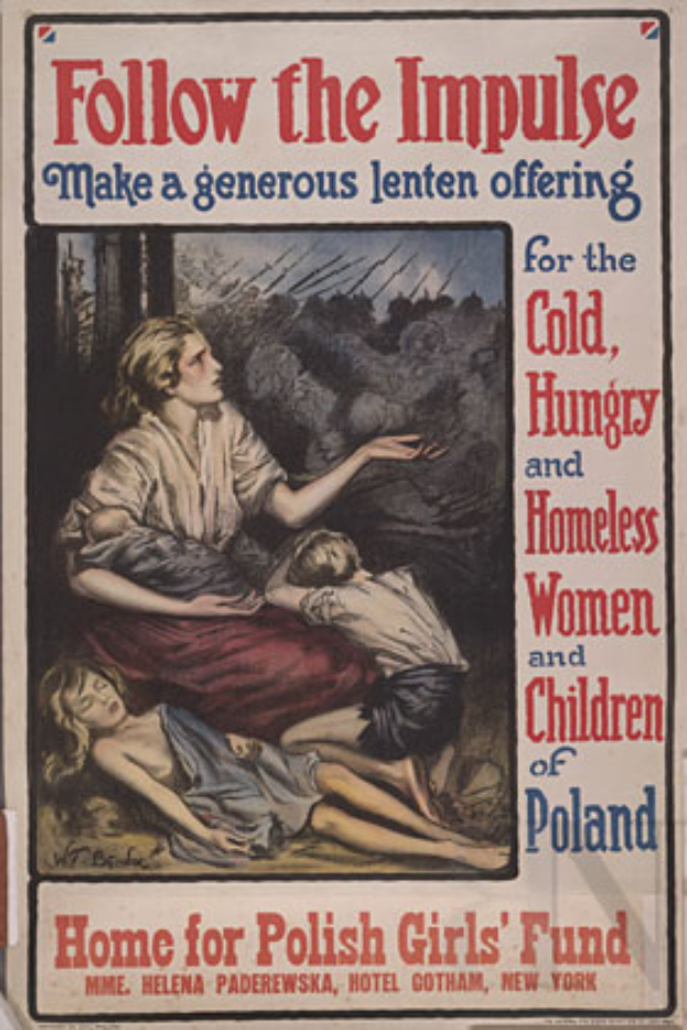 Ein Plakat mit einer Frau in einem weißen Kleid mit ausgebreiteten Armen und zwei Kindern auf dem Boden, mit der Aufschrift "Folgt dem Impuls - Spendet großzügig für die Kälte, Hunger und Obdachlosen Frauen und Kinder Polens" oben.