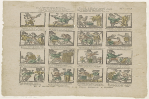 Ein Buchseiten-Illustration, das einen Mann mit Hut und eine Frau in einem Kleid in einer Diskussion zeigt, umgeben von Text und kleineren Bildern.