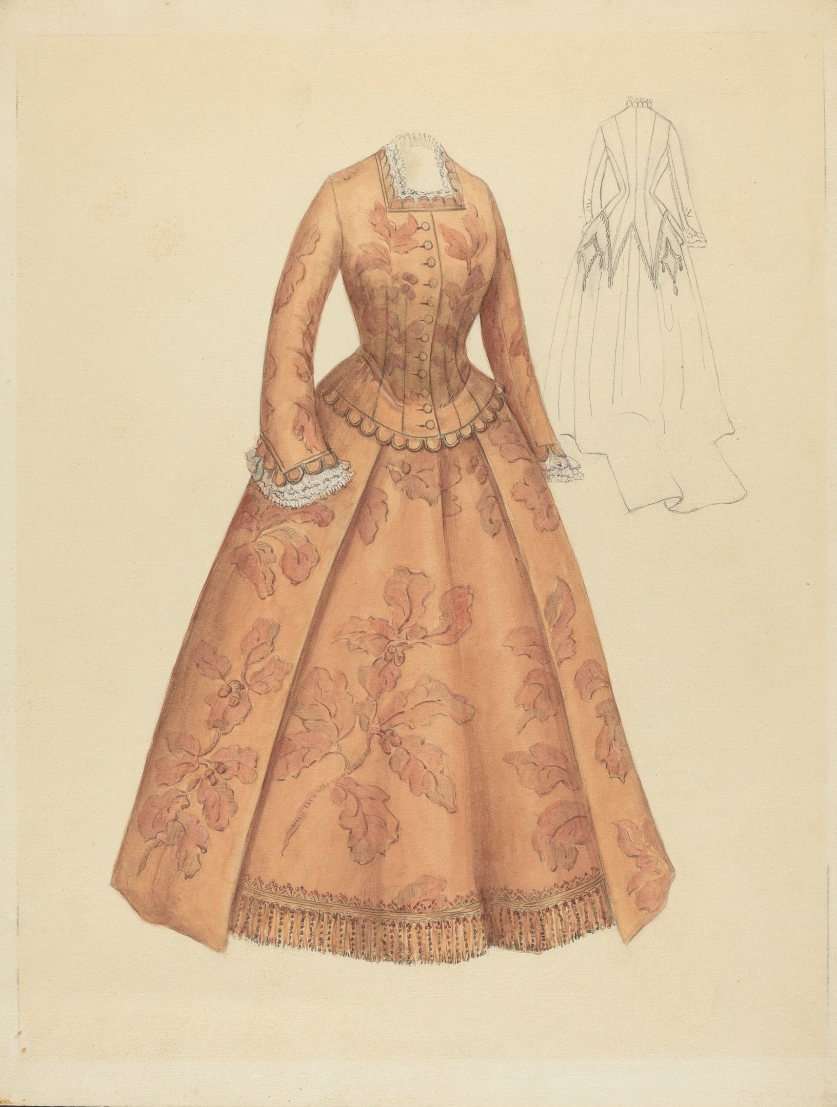 Ein detailliertes Kostümdesign aus dem 18. Jahrhundert für ein langes Kleid mit hohem Kragen, das ein floral gemustertes Mieder in Rosa, Lila und Blau sowie einen Spitzenbesetzten Rock auf einem hellblauen Hintergrund zeigt.
