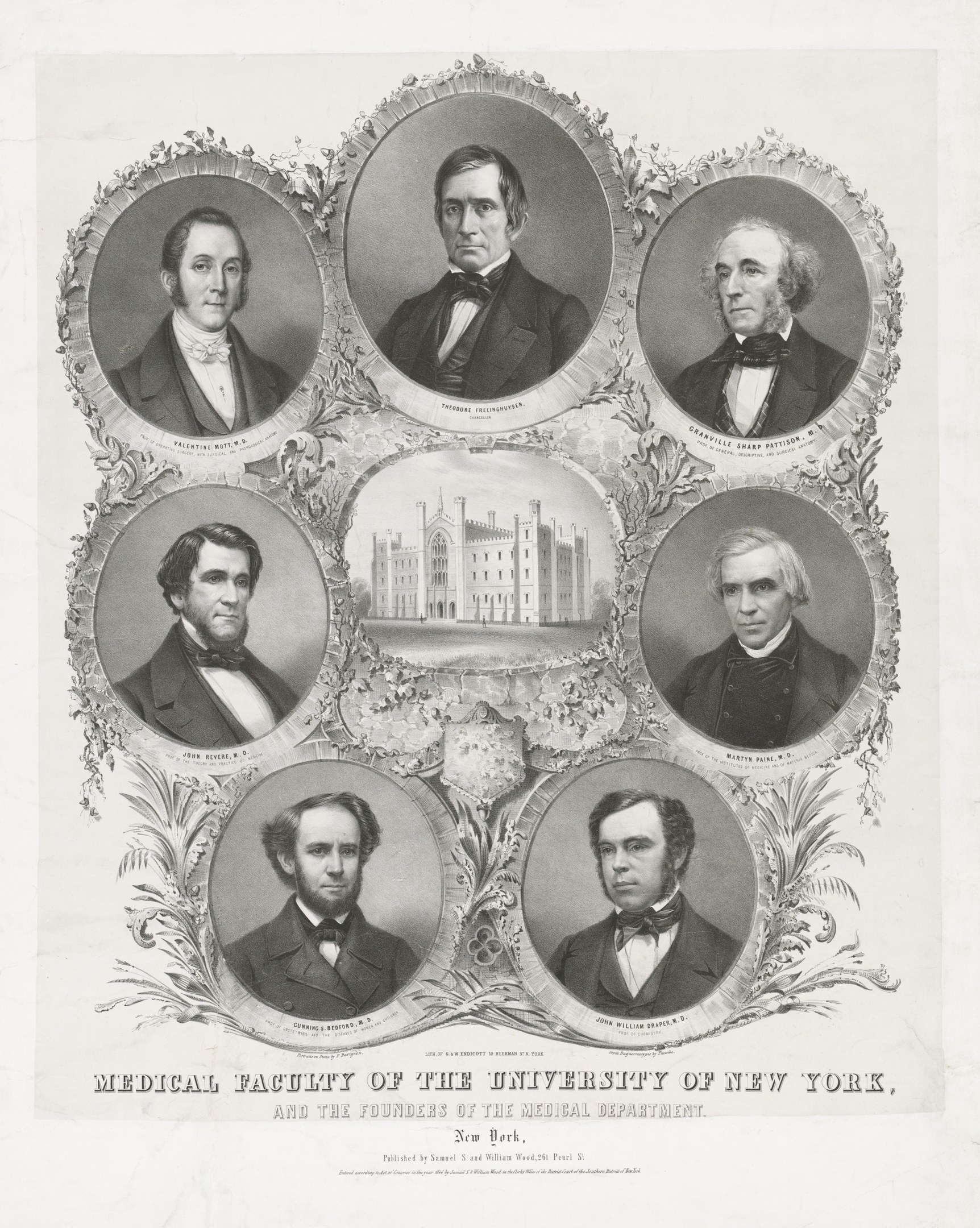 Schwarzes und weißes Foto von formell gekleideten Männern, die vor einem Gebäude posieren, mit Text unten, der "Medizinische Fakultät der Universität New York und die Gründer der medizinischen Abteilung" liest.