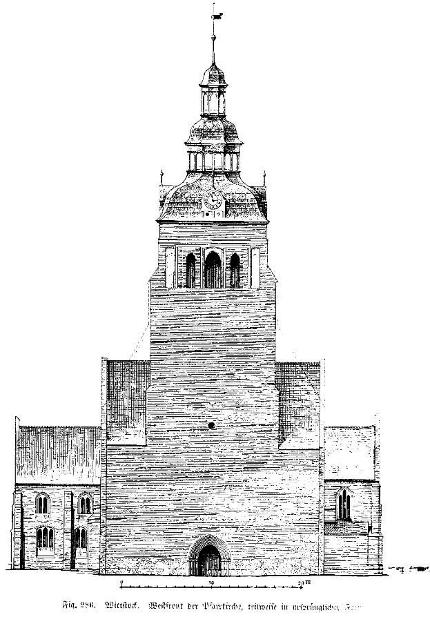 Eine Schwarz-Weiß-Zeichnung einer Kirche mit einem Kirchturm, identifiziert als die Kirche der Heiligen Dreifaltigkeit in Würzburg, Deutschland, mit Fenstern, einer Uhr oben und Text unten.