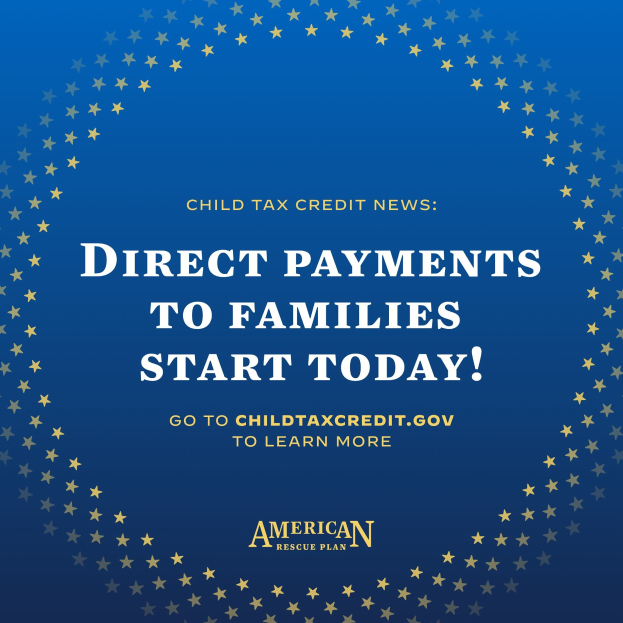 Plakat, das "Direkte Zahlungen an Familien starten heute" mit einem sternförmigen Rahmen ankündigt.