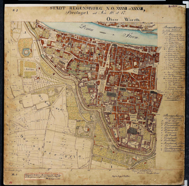 Ein gerahmtes, detailliertes altes Stadtplan von Regensburg, Deutschland, der Straßen, Gebäude und andere Merkmale zeigt.