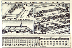 Eine detaillierte Plakatillustration eines deutschen Krankenhauses mit mehreren Gebäuden, Fenstern, Türen und Balkonen, begleitet von Text, der seine Größe, Lage und Merkmale beschreibt.