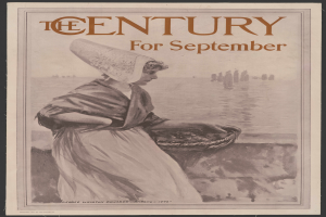 Eine Frau in einem weißen Kleid und einem blauen Schal hält einen Korb, mit der Aufschrift "Das Jahrhundert für September" darüber, vor einem sternenklaren Nachthimmel.