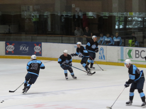 Gruppe von Menschen, die Eis-hoc-key auf einem Eisstadion spielt, mit Helmen, Sportkleidung und Schlittschuhen, während sie Hockey-Schläger halten, mit Zuschauern im Hintergrund durch Glaswände sichtbar.