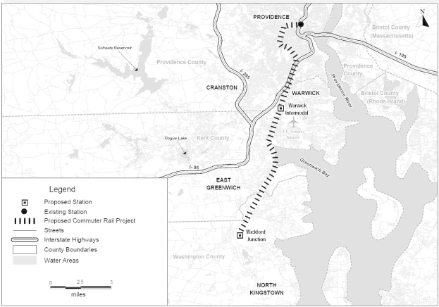 Schwarze und weiße Stadtkarte mit einem Fluss, beschriftet mit 'Vorgeschlagenes S-Bahn-Projekt' auf der linken Seite, zeigt Straßen, Autobahnen und andere städtische Merkmale.
