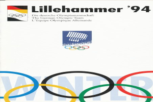 Plakat für die Olympischen Winterspiele 1994 in Lillehammer mit Logo und dem Text "Lillehammer 94 - Das deutsche Olympische Team" in fetter, schwarzer Schrift auf einem lebhaften blauen und gelben Hintergrund mit weißem Rand.