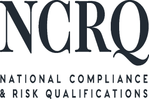Weißer Hintergrund mit zentrierter fetter schwarzer Schrift "National Compliance & Risk Qualifications" in einem dünnen schwarzen Rahmen, in einer modernen professionellen Schriftart.