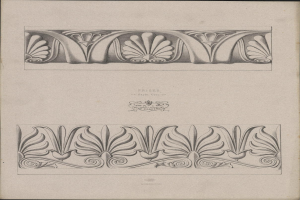 Ein Buch mit einem detaillierten, kunstvollen architectural design aus dem 19. Jahrhundert im Art-Nouveau-Stil mit begleitendem Text.