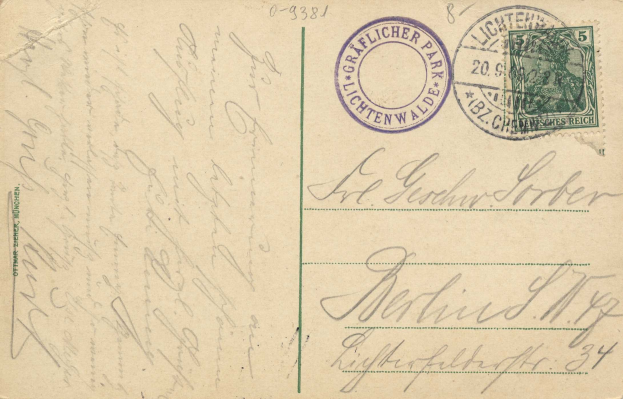Alte Postkarte mit einer Briefmarke, die "Lichtenwald, Deutschland - Brief nach Deutschland" trägt, mit handgeschriebenem Text und zwei zusätzlichen Briefmarken in der oberen rechten Ecke.