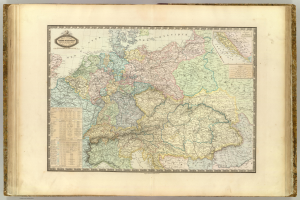 Ein aufgeschlagenes Buch mit einer detaillierten Karte von Deutschland, auf der verschiedene Provinzen und Städte beschriftet sind.