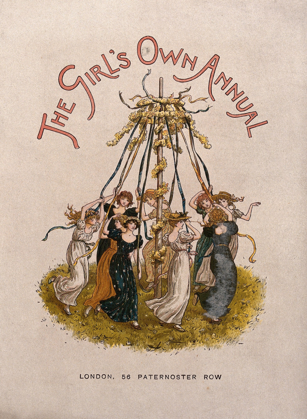 Illustration aus 'The Girl's Own Annual', die Menschen beim Tanzen um einen geschmückten Maibaum in bunten Kleidern zeigt.