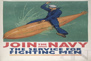 Plakat mit einer Person in einer marineblauen Uniform und weißer Mütze in heroischer Pose, mit der Aufschrift "Treten Sie der Navy bei - Der Dienst für kämpfende Männer" in fetter schwarzer Schrift auf einem tiefen marineblauen Hintergrund.