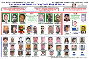 Plakat mit der Überschrift "Töter von mexikanischer Drogenhandel Gewalt" mit Bildern von Individuen und fetter schwarzer Schrift auf hellblauem Hintergrund.