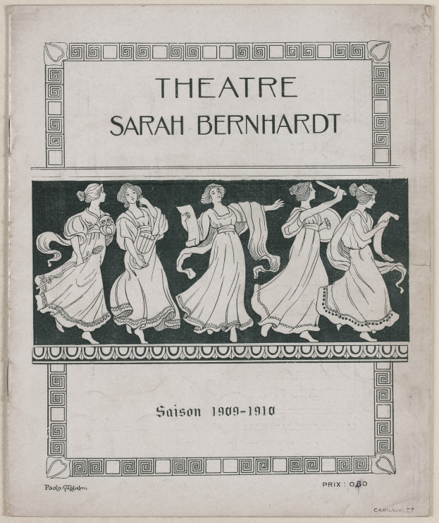 Plakat für das Theatre Sarah Bernhardt von 1909-1910, das eine Gruppe von Frauen in der Mitte zeigt, umgeben von Texten über das Theater und seine Schauspieler.