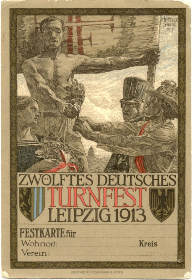 Plakat für das Zwölfte Deutsche Turnfest Leipzig 1913, das eine Gruppe von Menschen in der Mitte zeigt und Text mit Veranstaltungseinzelheiten enthält.