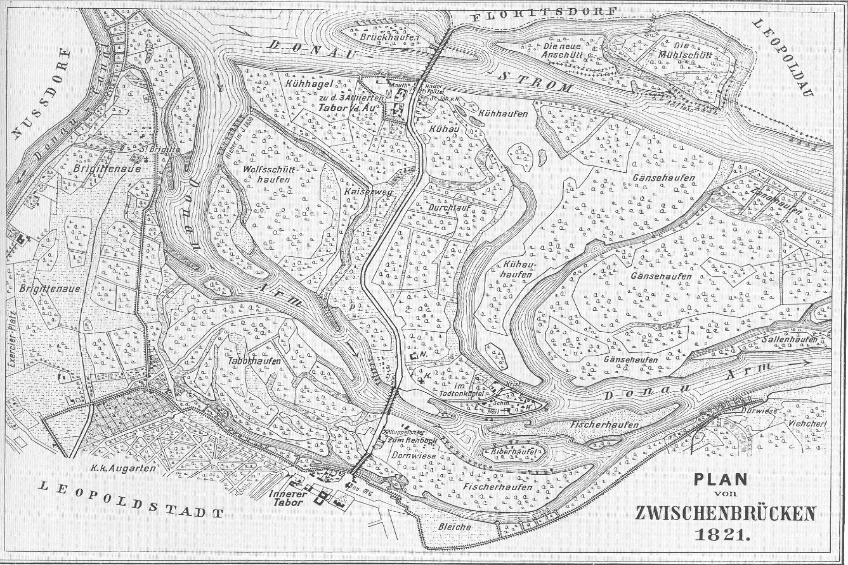 Eine Schwarz-Weiß-Karte der Stadt Zwischenbrucken aus dem Jahr 1821 mit detaillierten Straßen und Textanmerkungen.