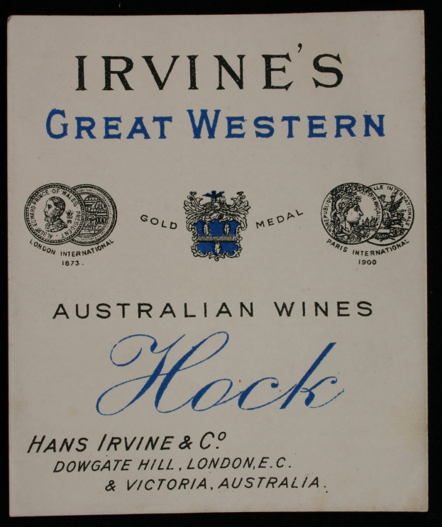 Plakat, das Irvine's Great Western Australian Wines Hock bewirbt, mit dem Logo des Unternehmens und Text, der verschiedene Weinarten angibt.