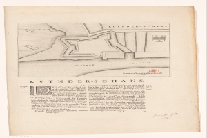 Ein altes Buch mit einer detaillierten Karte von Kuynder-Schans, die Straßen, Gebäude, Sehenswürdigkeiten und zusätzlichen Text zeigt.