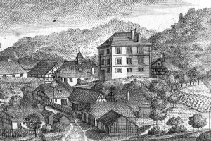 Eine Schwarz-Weiß-Zeichnung einer kleinen Stadt in Bayern im 19. Jahrhundert, die eine zentrale Kirche umgeben von Häusern, Bäumen und einem Himmel im Hintergrund zeigt, mit dem Text "Bayern im 19. Jahrhundert" unten.