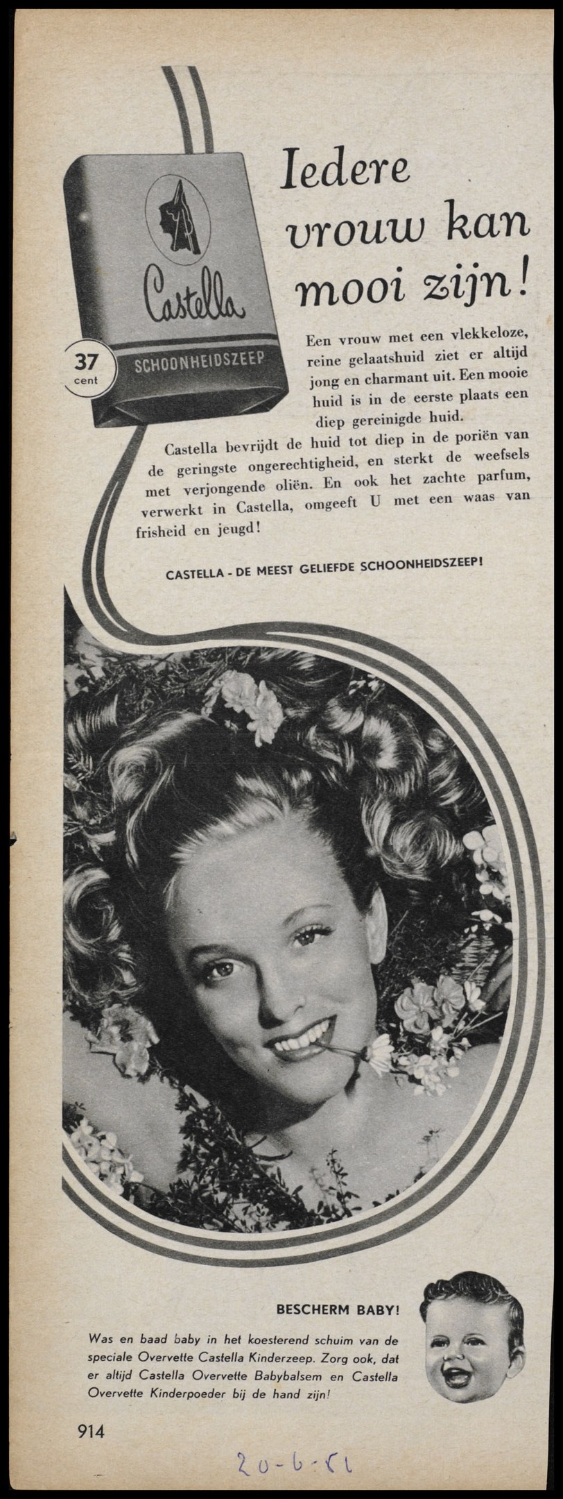 Werbung für Castella-Seife mit einer Frau, die lächelt, und Text, der das Produkt beschreibt.