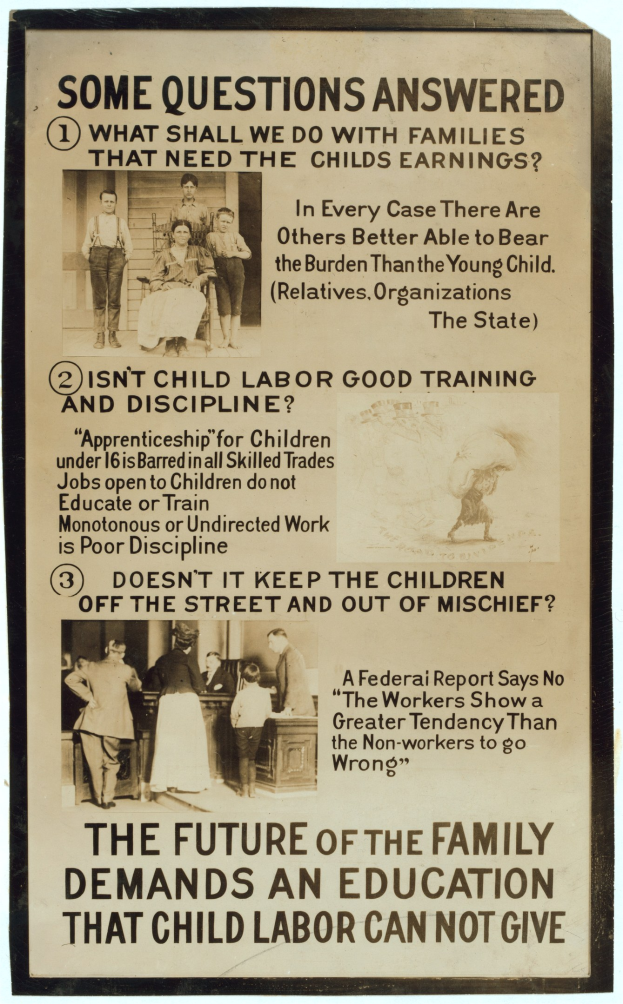 Ein Plakat mit einem hellgelben Hintergrund, auf dem eine vielf├Ąltige Gruppe von Menschen im Kreis steht, mit der Aufschrift "Die Zukunft der Familie erfordert eine Bildung, die Kinderarbeit nicht geben kann."